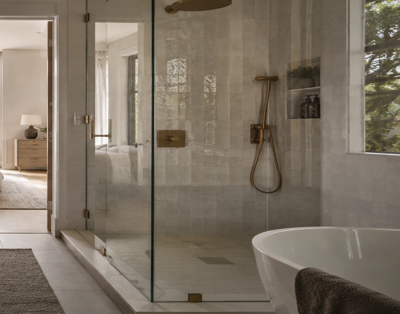 Illustrative bathroom detail showing shower glass, tile, fixtures, and finished surfaces.