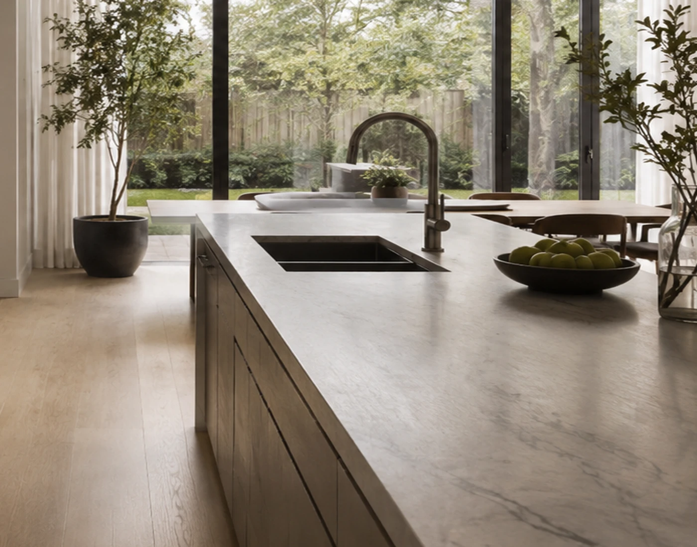 Illustrative kitchen detail showing counters, sink, cabinetry, and finish surfaces.