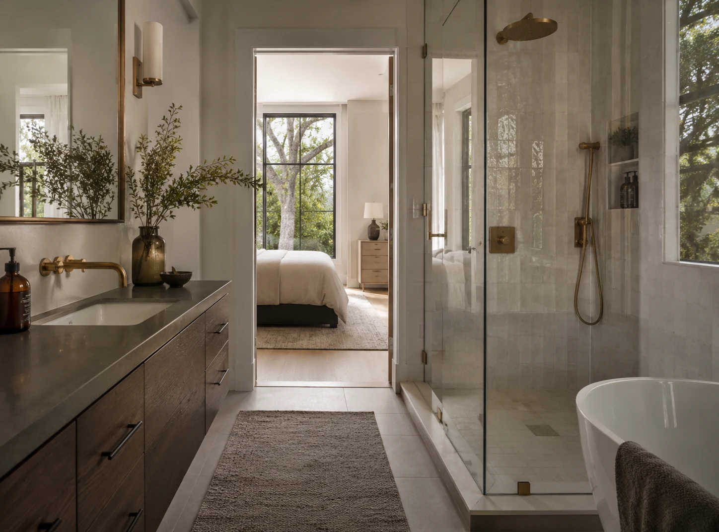Illustrative high-detail residential bathroom with glass shower, fixtures, tile, and finished surfaces.