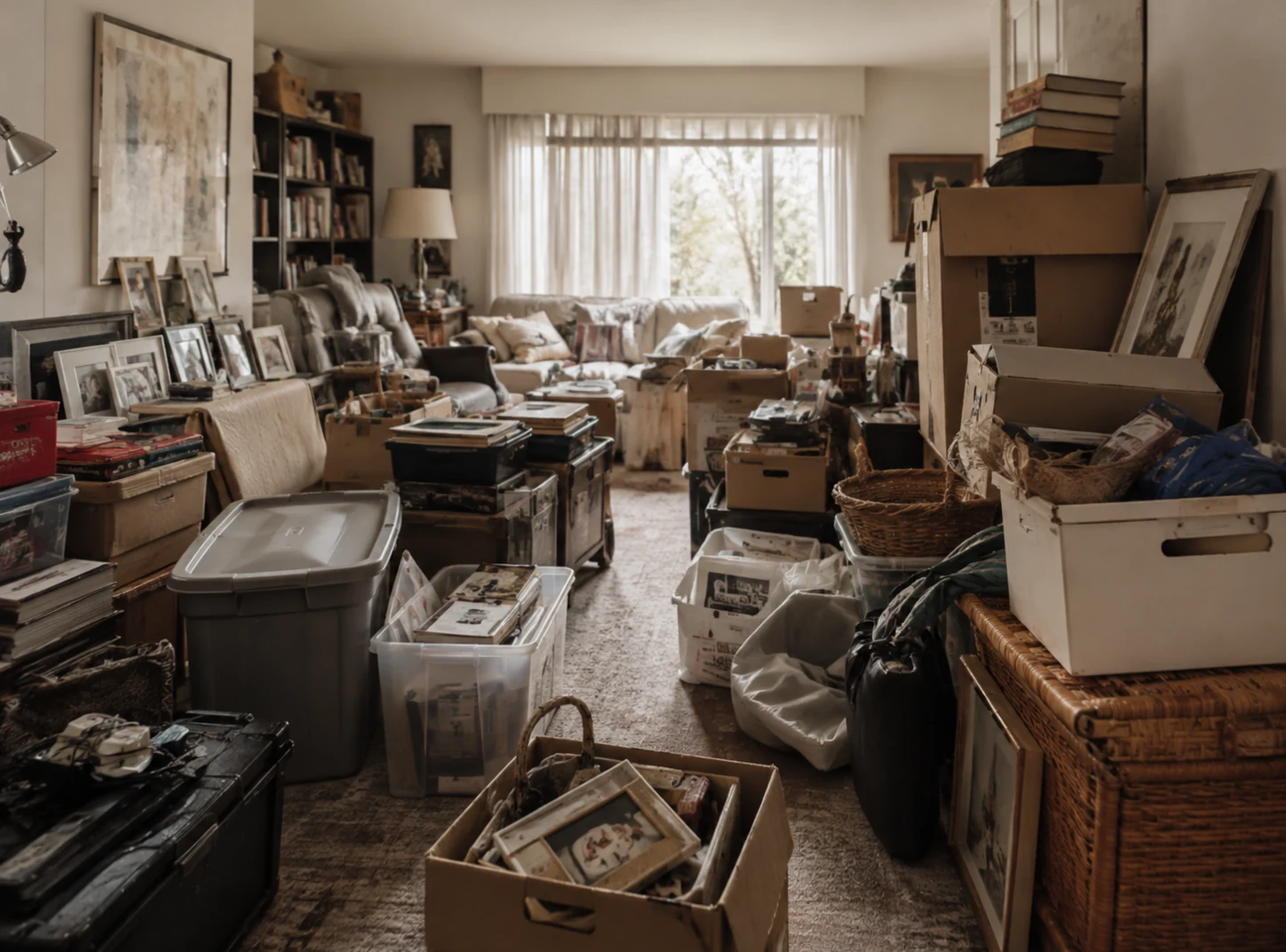 Illustrative belongings-heavy living room with restricted access through accumulated household contents.