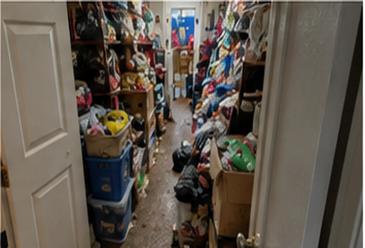 Illustrative narrow pathway through a heavily cluttered residential room.