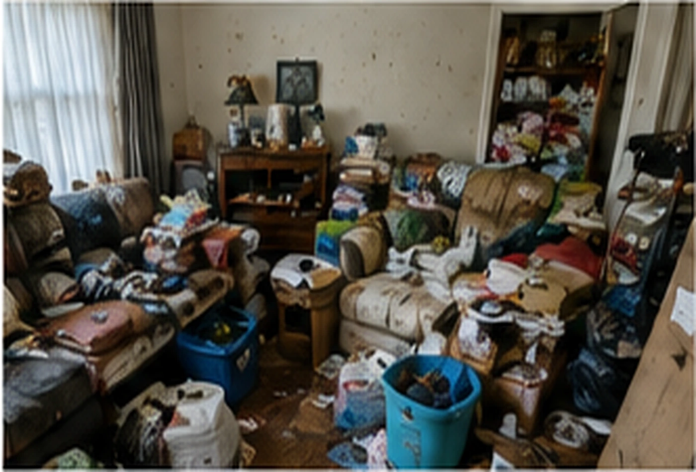 Illustrative contents-heavy room with household belongings that still need to be sorted before full cleaning can begin.