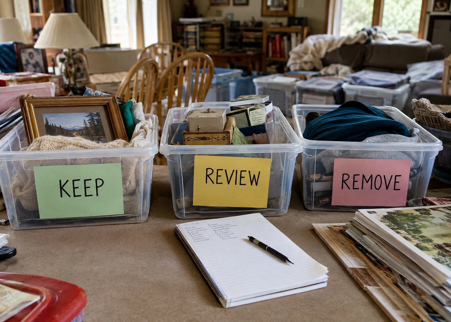 Illustrative keep, review, and remove setup for structured sorting decisions during a hoarding cleanup.