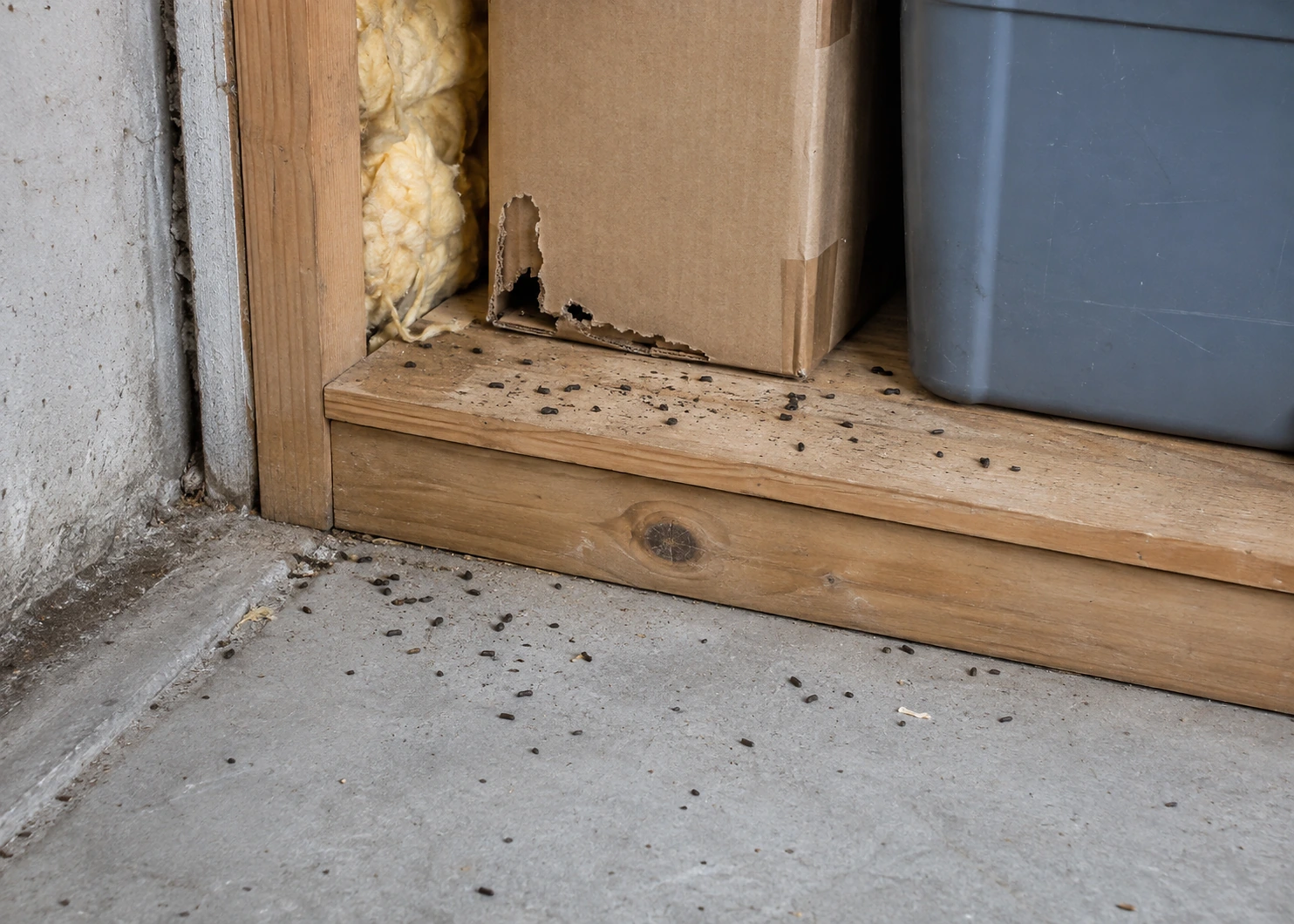 Illustrative storage corner with box damage, insulation, and rodent droppings around accessible contents.