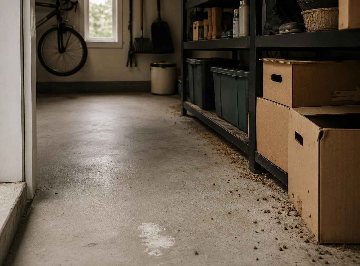 Illustrative residential garage showing visible rodent droppings near stored contents.