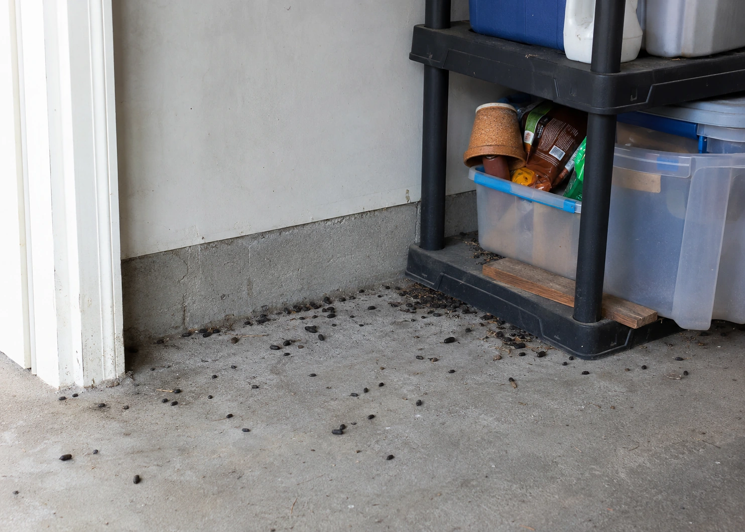 Illustrative garage corner with concentrated rodent droppings along the wall and under shelving, showing an active source area.