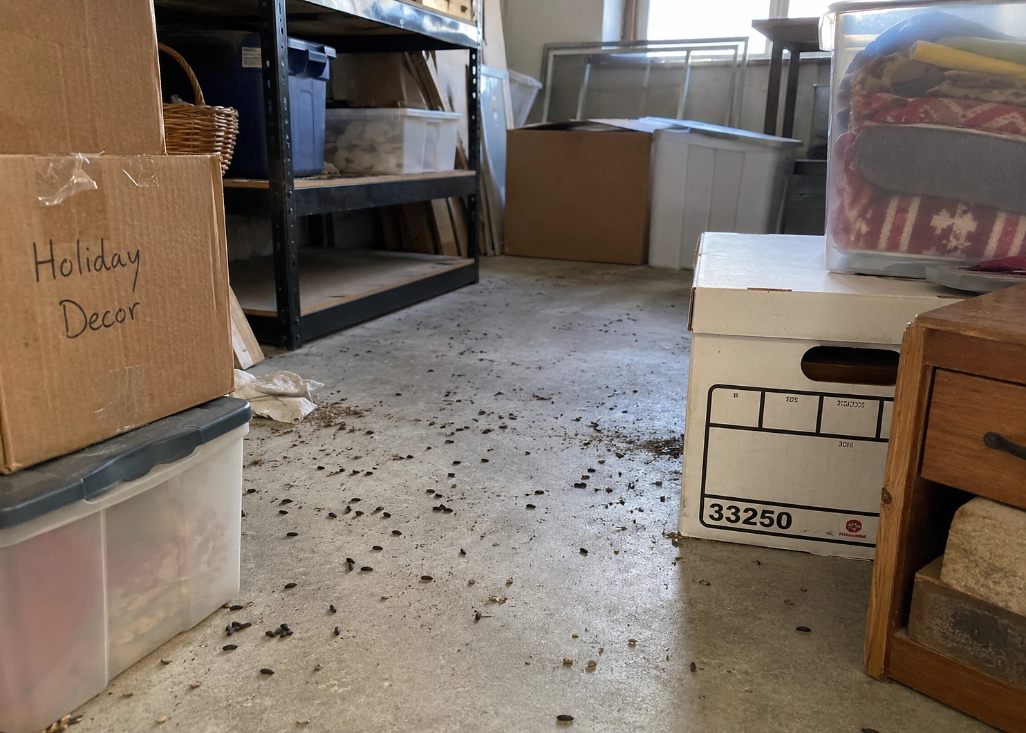 Illustrative storage room with visible rodent droppings along the floor among stored household items.
