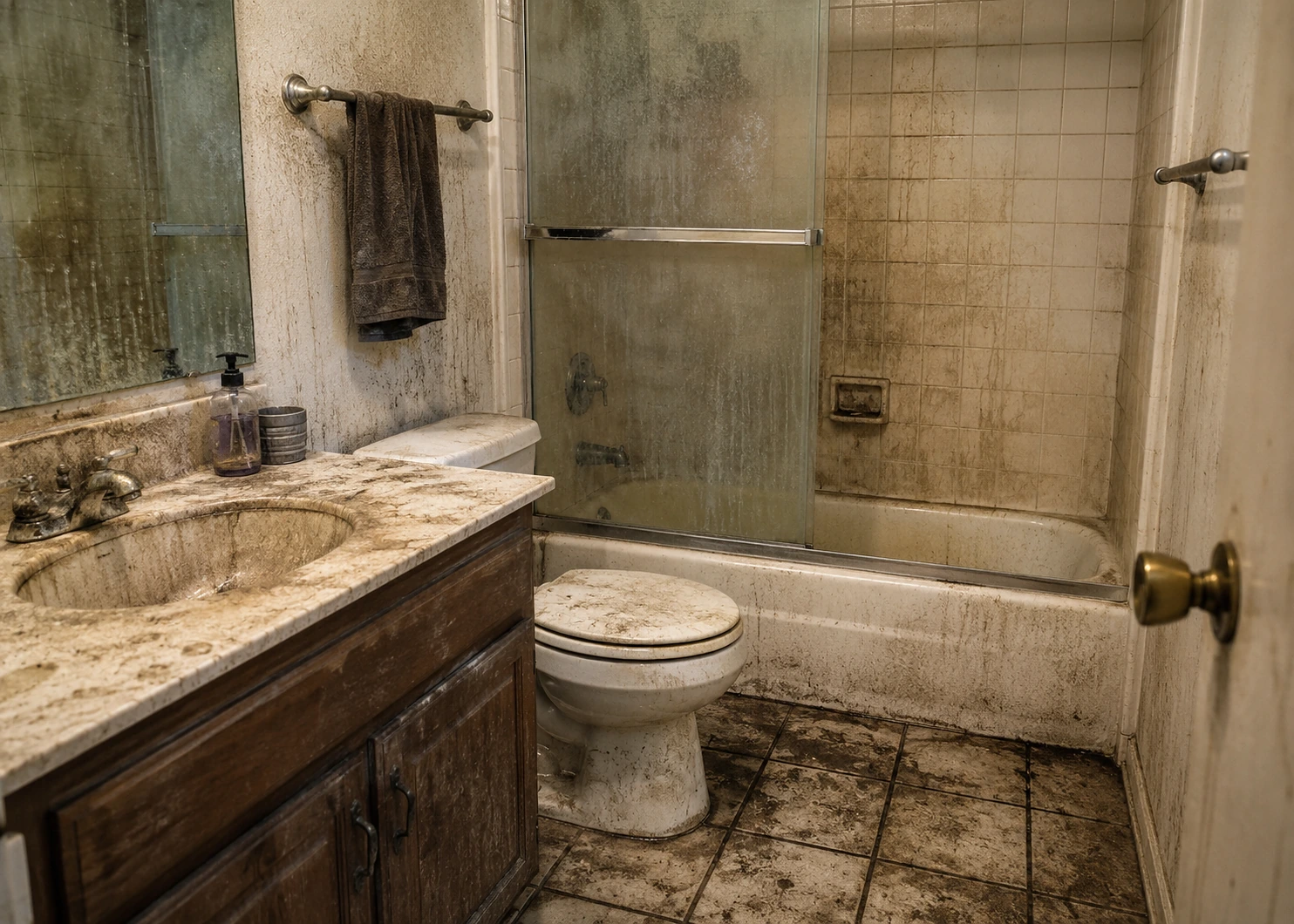 Illustrative cabinet, appliance, and backsplash surfaces with extensive accumulated soil.