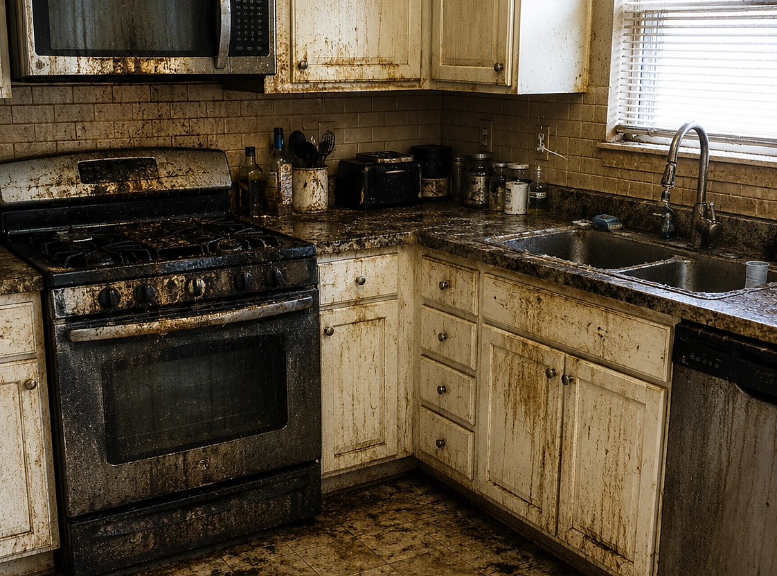Illustrative residential kitchen with heavy grease and long-term surface buildup but intact room structure.