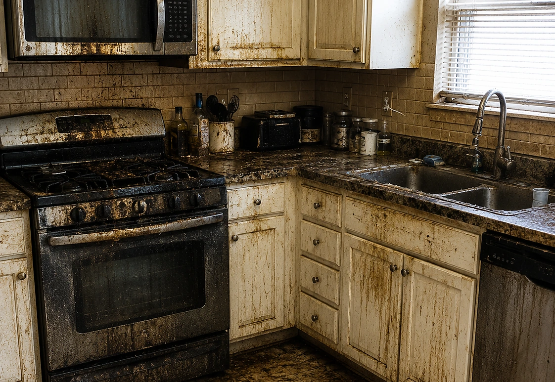 Illustrative severe-condition residential kitchen with heavy surface buildup.