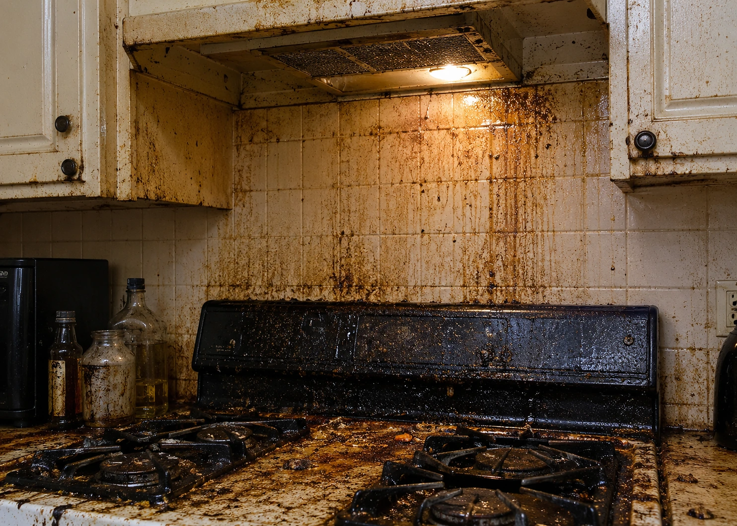 Illustrative kitchen surfaces with substantial long-term grease and soil buildup.
