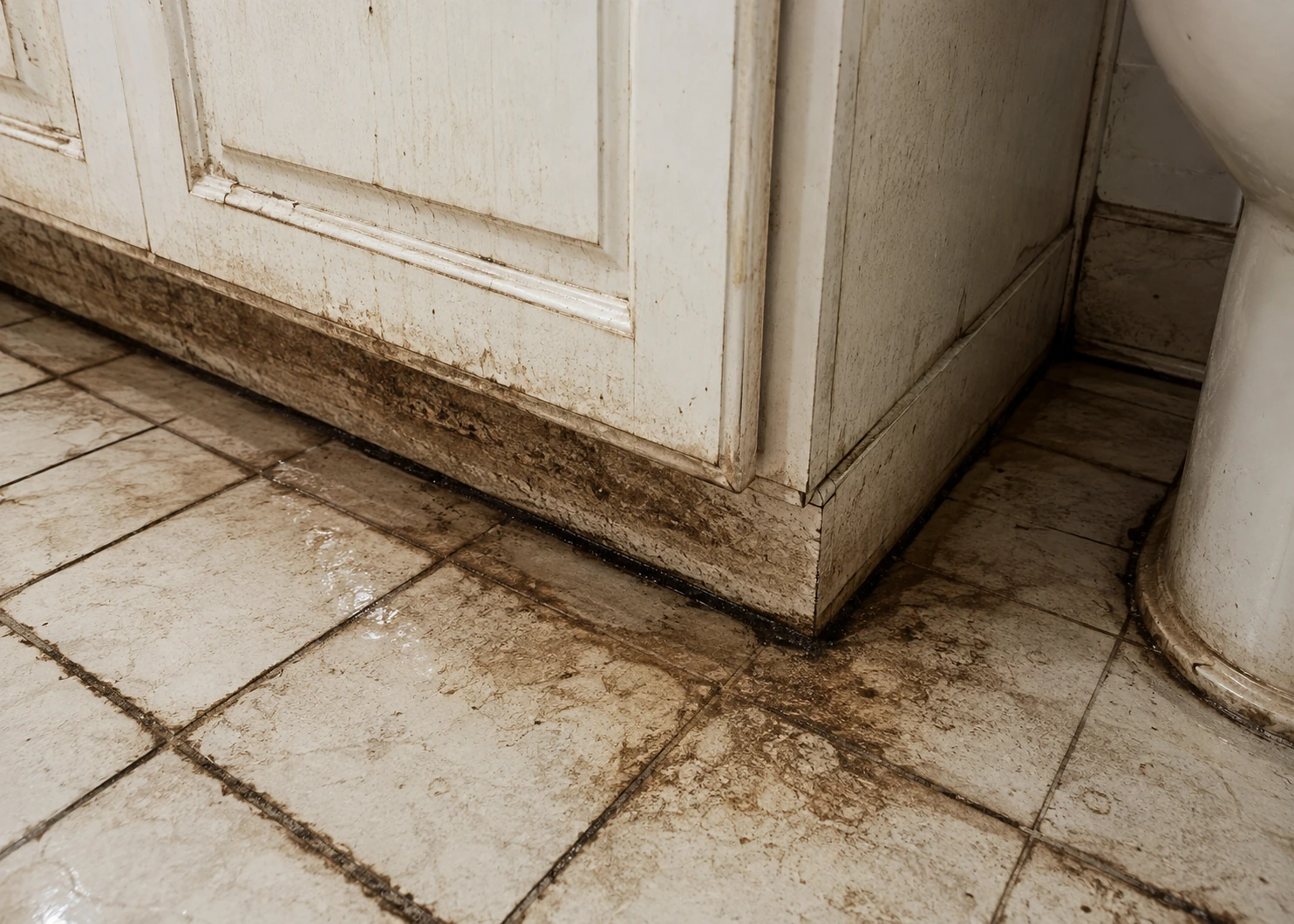 Illustrative close view of heavily soiled residential finishes where cleanability and material condition must be distinguished.